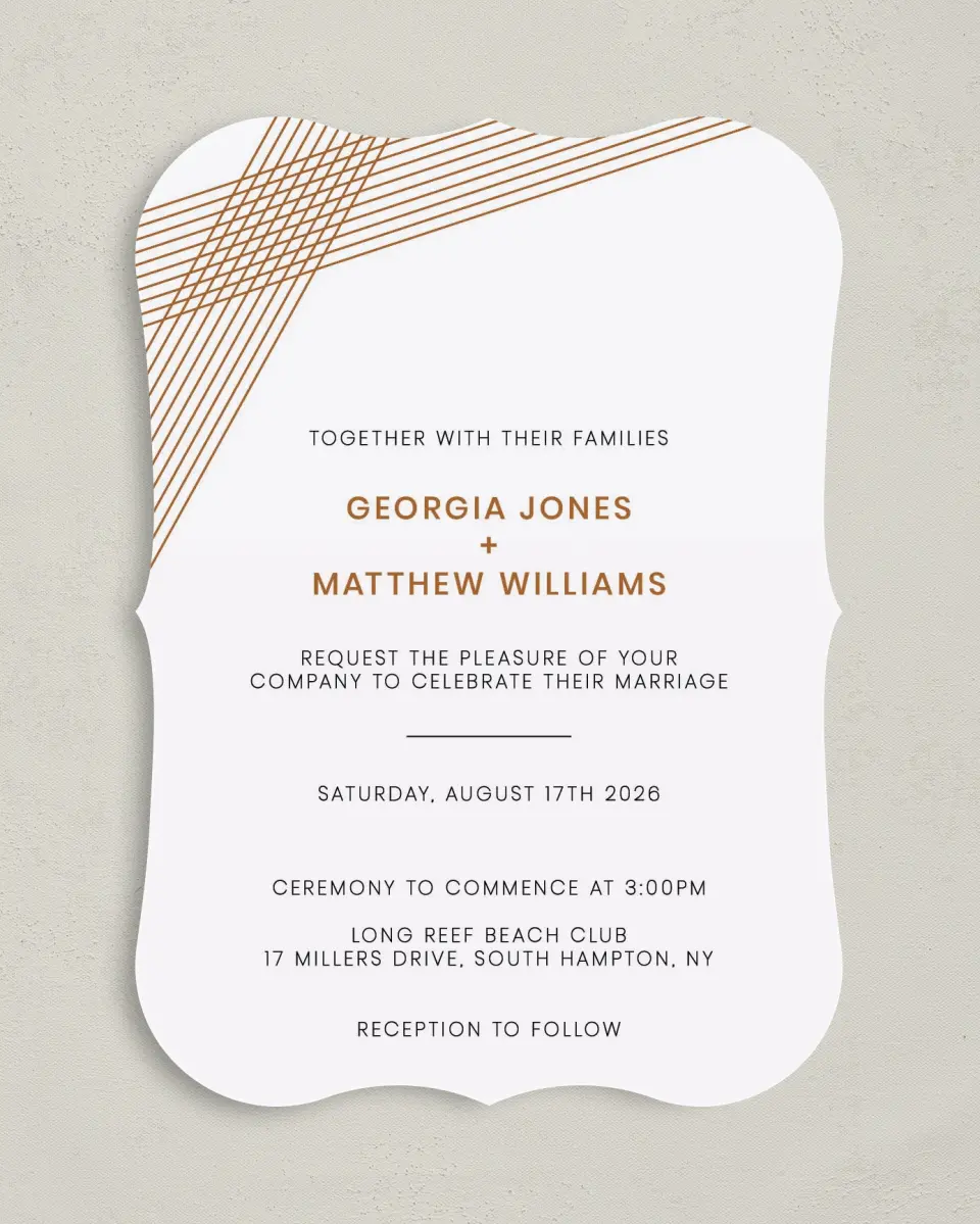 This is a 5" x 7" Bracket Wedding Invitation called Dashing Strands printed in full color on Premium Smooth paper