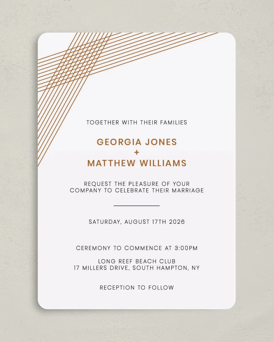 This is a 5" x 7" Rounded Wedding Invitation called Dashing Strands printed in full color on Premium Smooth paper