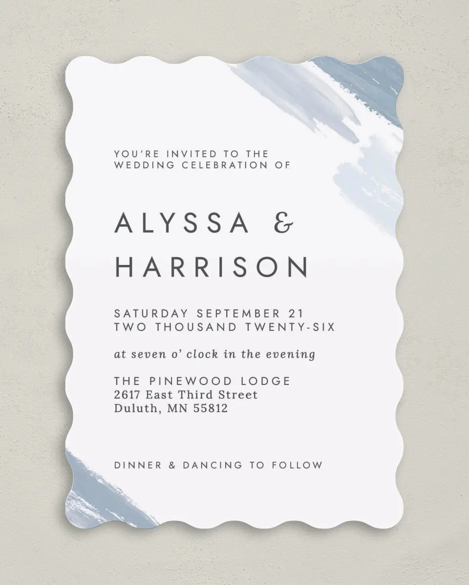 This is a 5" x 7" Wavy Wedding Invitation called Ethereal Swaths printed in full color on Premium Smooth paper