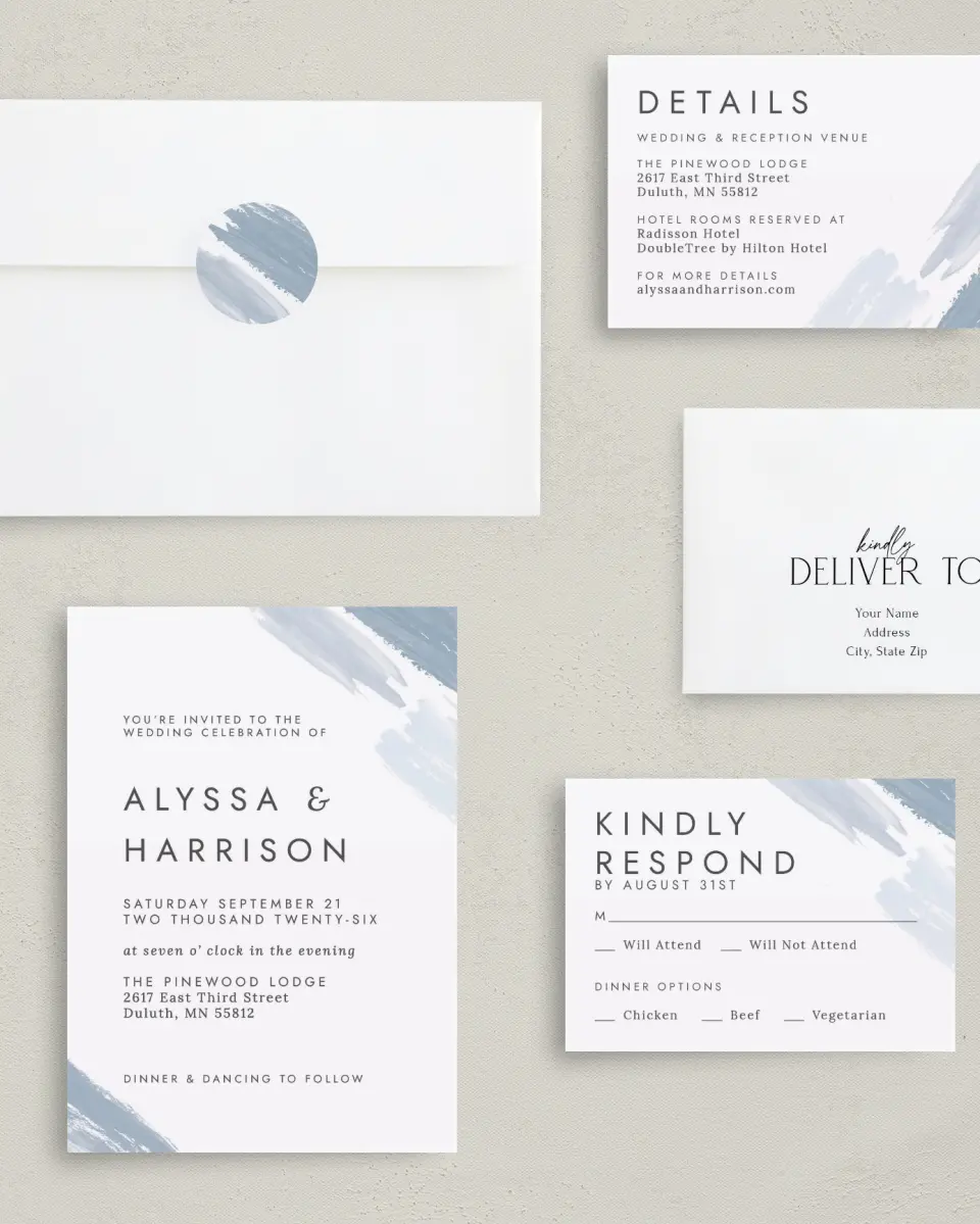 This is a 5" x 7" Classic Wedding Invitation called Ethereal Swaths printed in full color with Gold foil on Luxe Satin (coated) paper