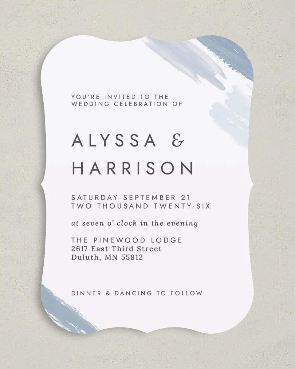 This is a 5" x 7" Bracket Wedding Invitation called Ethereal Swaths printed in full color on Premium Smooth paper