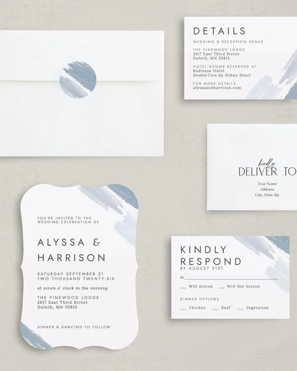 This is a 5" x 7" Bracket Wedding Invitation called Ethereal Swaths printed in full color with Silver foil on Luxe Satin (coated) paper