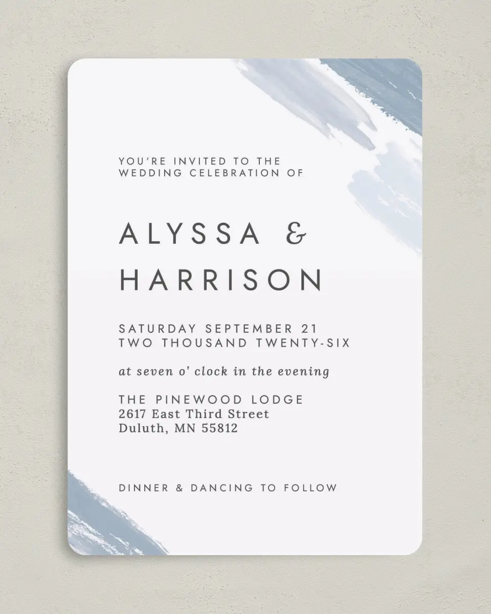 This is a 5" x 7" Rounded Wedding Invitation called Ethereal Swaths printed in full color on Premium Smooth paper