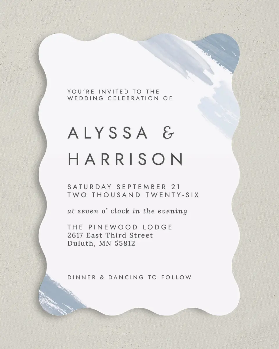 This is a 5" x 7" Wavy Wedding Invitation called Ethereal Swaths printed in full color on Premium Smooth paper
