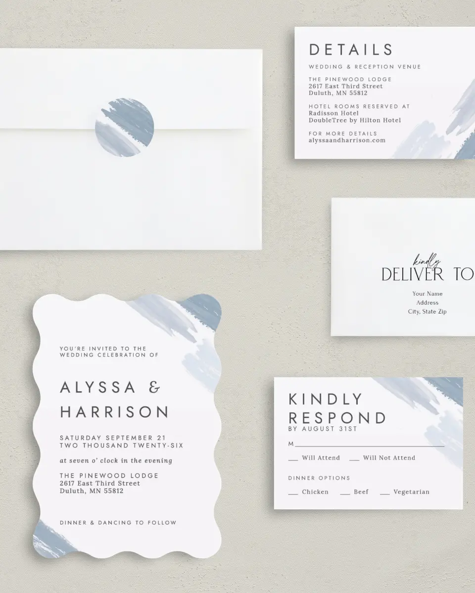 This is a 5" x 7" Wavy Wedding Invitation called Ethereal Swaths printed in full color with Gold foil on Luxe Satin (coated) paper