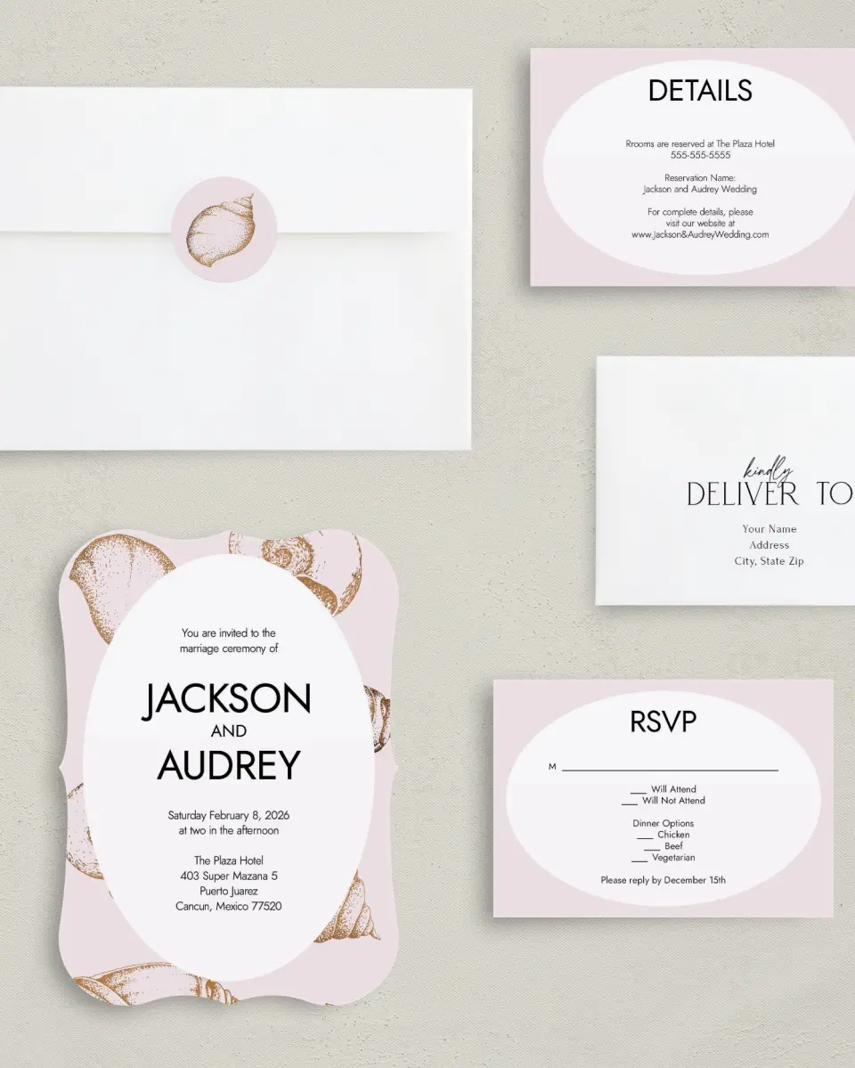 This is a 5" x 7" Bracket Wedding Invitation called On the Reef printed in full color on Premium Smooth paper