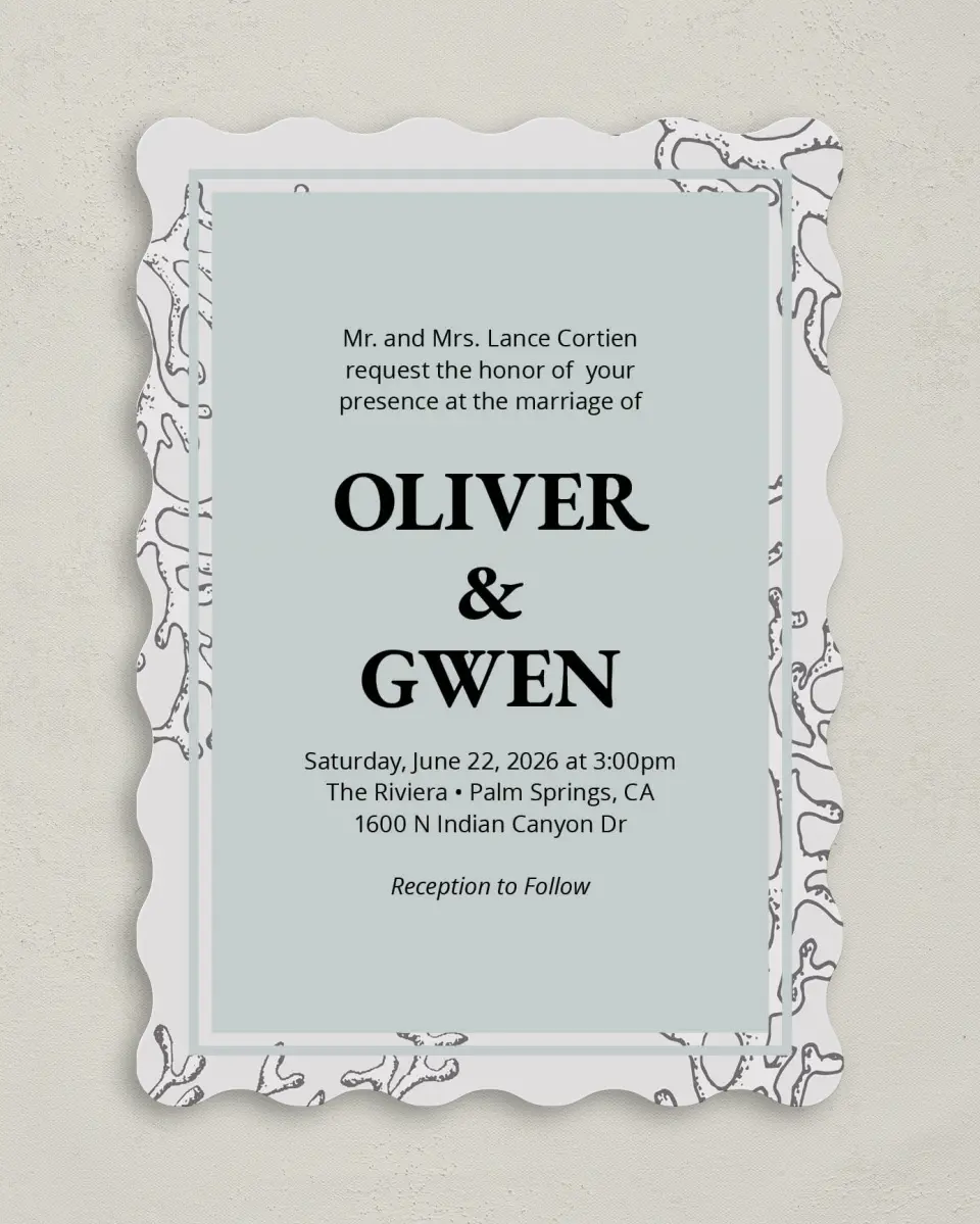 This is a 5" x 7" Wavy Wedding Invitation called Maritime Bliss printed in full color on Premium Smooth paper