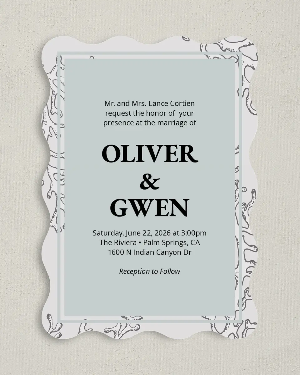 This is a 5" x 7" Wavy Wedding Invitation called Maritime Bliss printed in full color on Premium Smooth paper