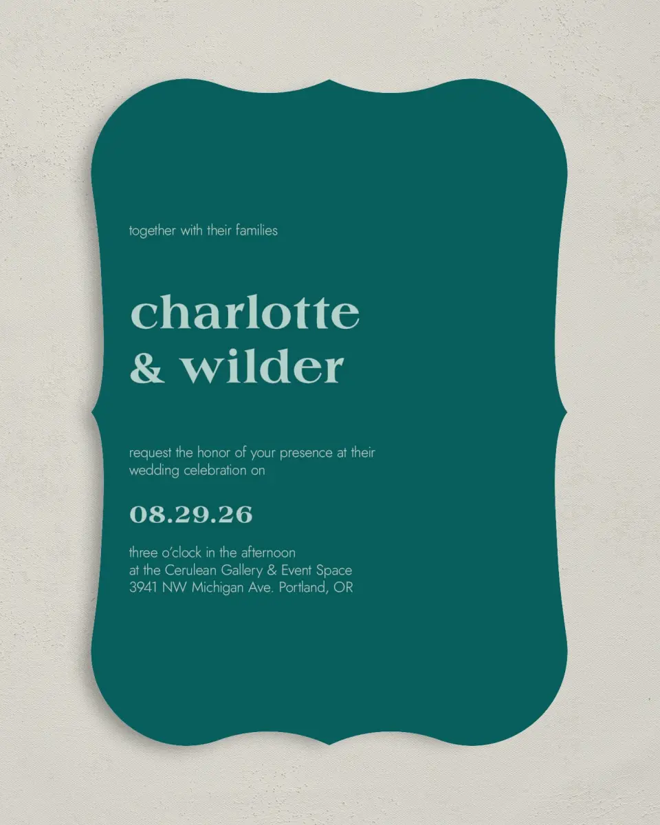 This is a 5" x 7" Bracket Wedding Invitation called Love Eternal printed in full color on Premium Smooth paper