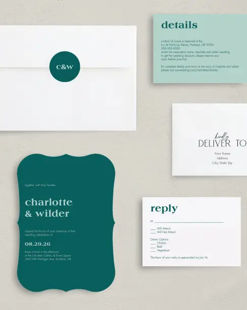 This is a 5" x 7" Bracket Wedding Invitation called Love Eternal printed in full color on Premium Smooth paper