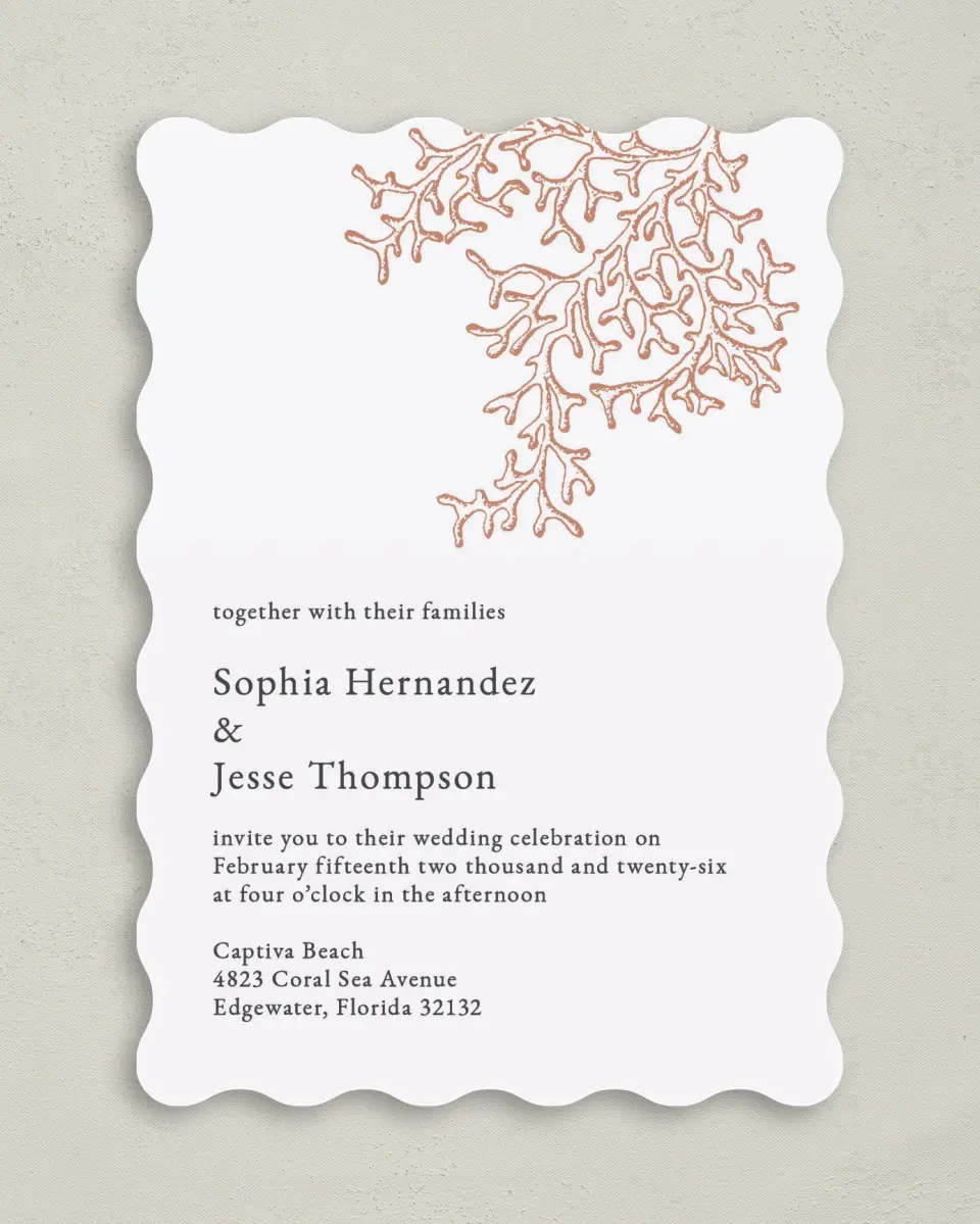 This is a 5" x 7" Wavy Wedding Invitation called Tropical Heaven printed in full color on Premium Smooth paper