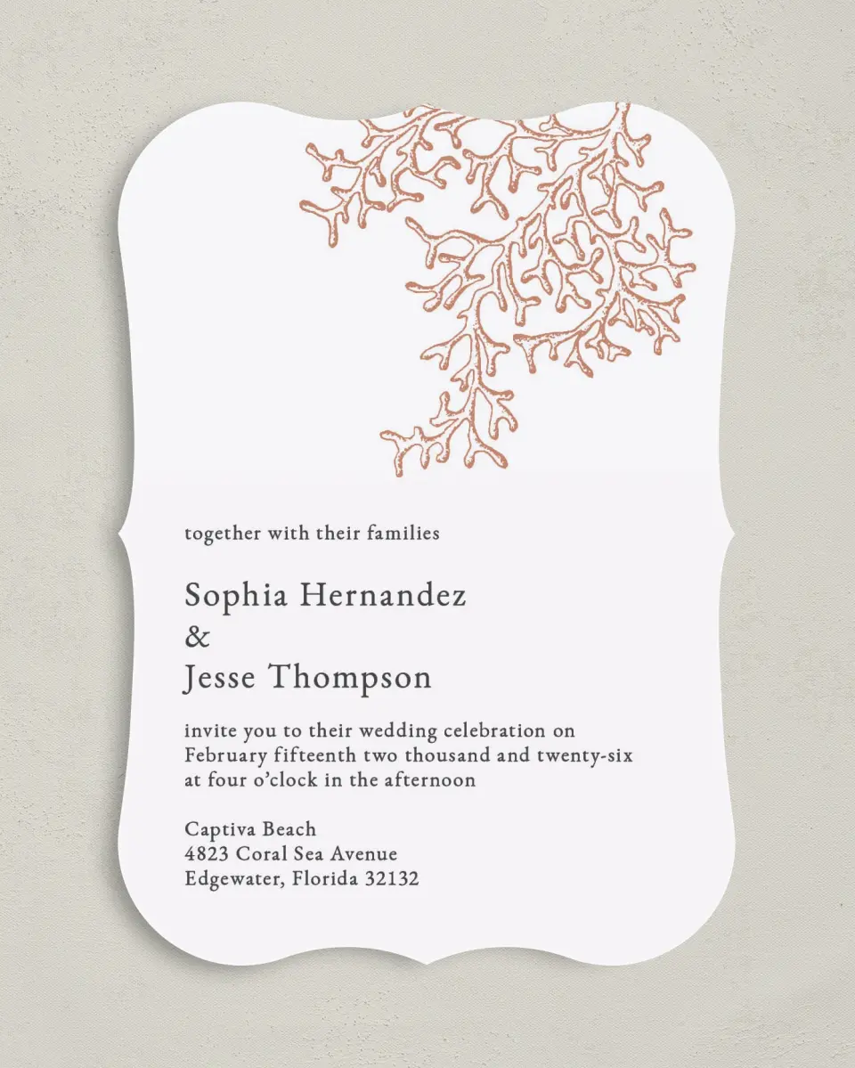 This is a 5" x 7" Bracket Wedding Invitation called Tropical Heaven printed in full color on Premium Smooth paper