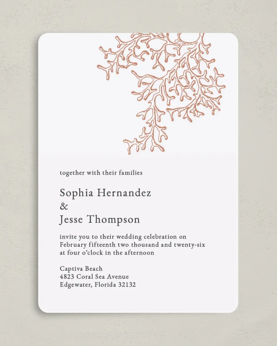 This is a 5" x 7" Rounded Wedding Invitation called Tropical Heaven printed in full color on Premium Smooth paper