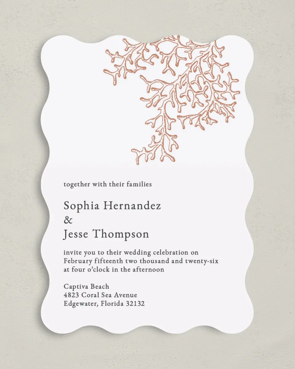 This is a 5" x 7" Wavy Wedding Invitation called Tropical Heaven printed in full color on Premium Smooth paper