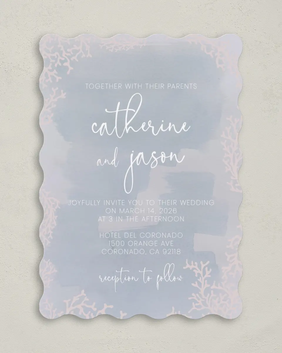 This is a 5" x 7" Wavy Wedding Invitation called Enchanting Sea printed in full color on Premium Smooth paper