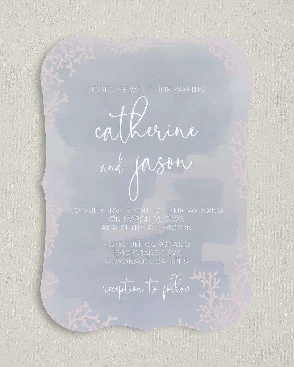 This is a 5" x 7" Bracket Wedding Invitation called Enchanting Sea printed in full color on Premium Smooth paper