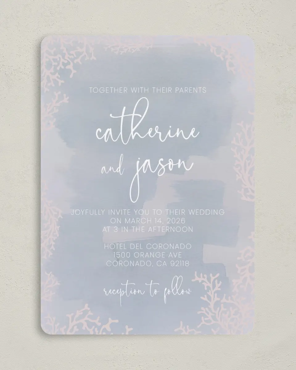 This is a 5" x 7" Rounded Wedding Invitation called Enchanting Sea printed in full color on Premium Smooth paper