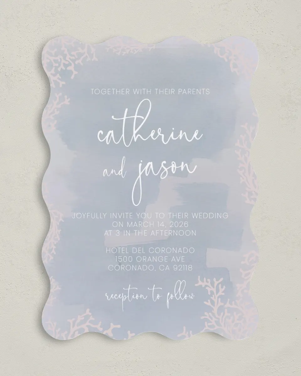 This is a 5" x 7" Wavy Wedding Invitation called Enchanting Sea printed in full color on Premium Smooth paper