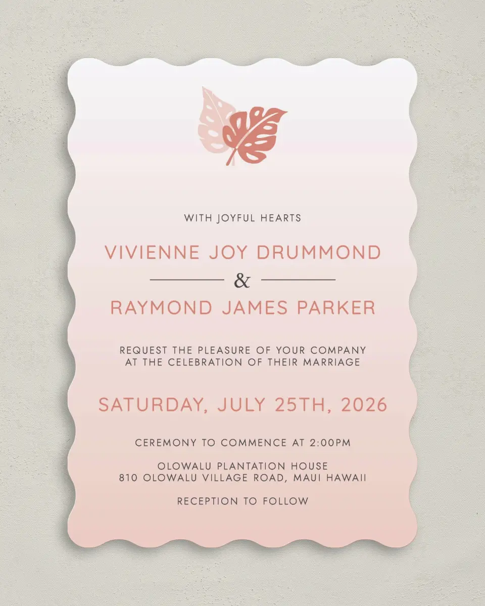 This is a 5" x 7" Wavy Wedding Invitation called Tropical Palms printed in full color on Premium Smooth paper