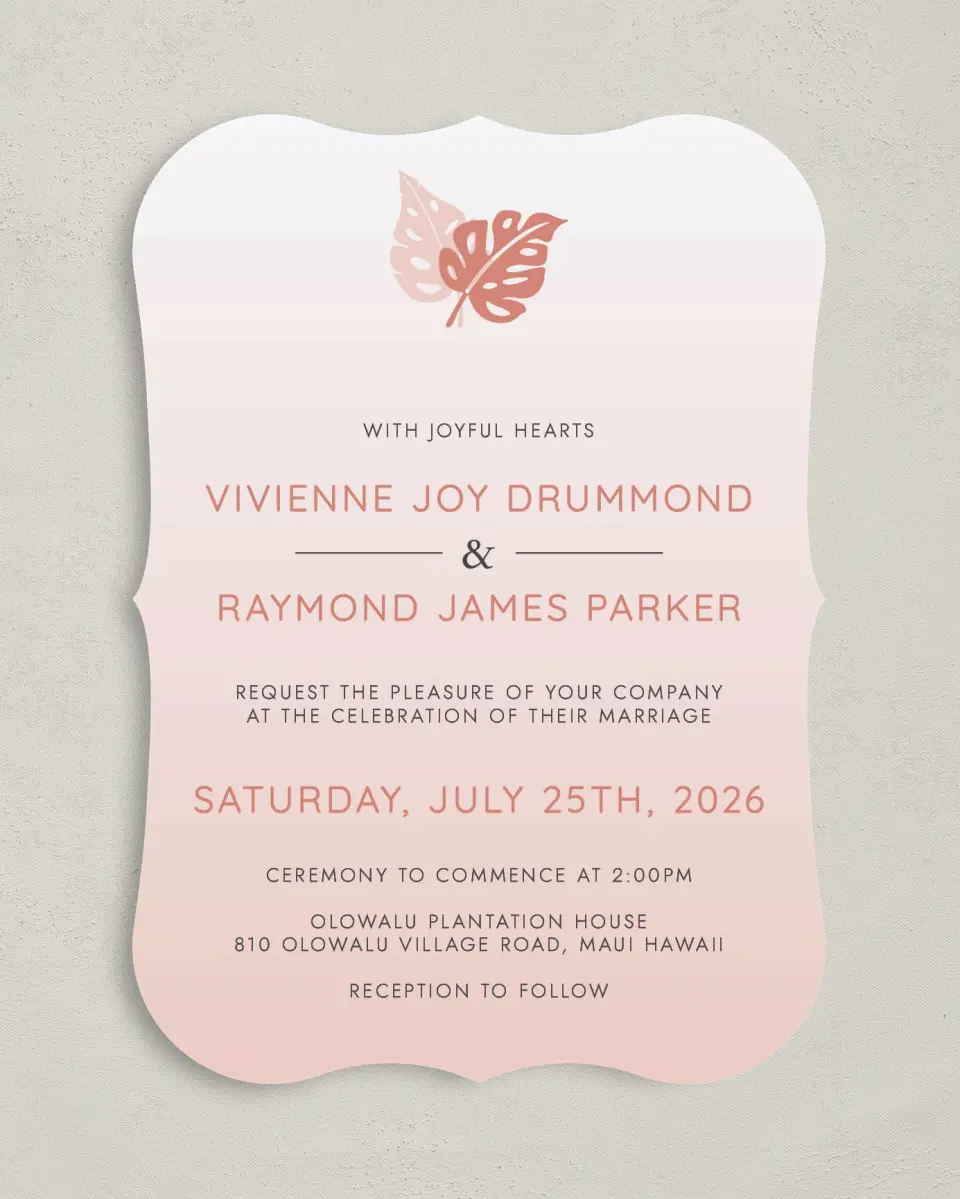 This is a 5" x 7" Bracket Wedding Invitation called Tropical Palms printed in full color on Premium Smooth paper