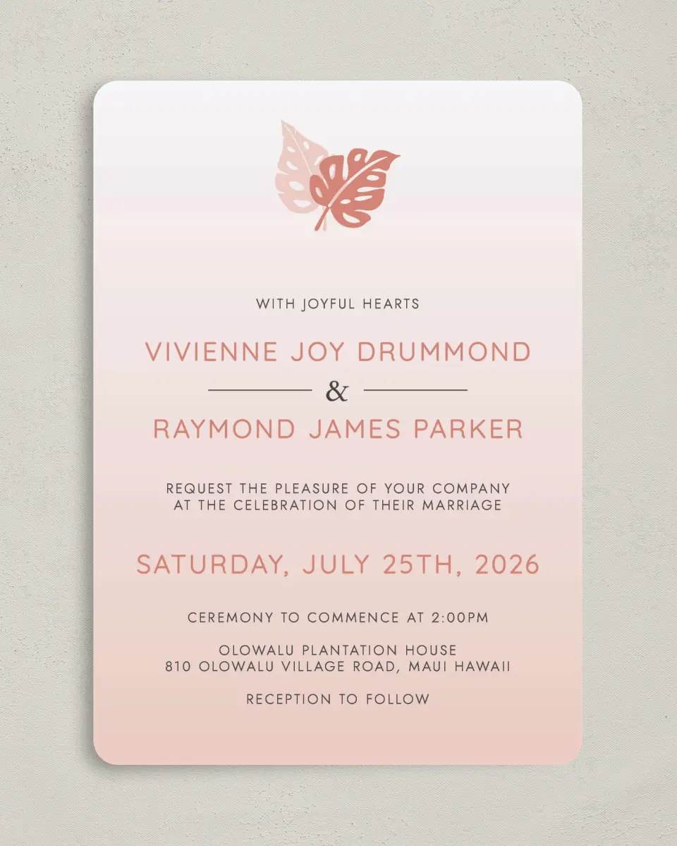 This is a 5" x 7" Rounded Wedding Invitation called Tropical Palms printed in full color on Premium Smooth paper