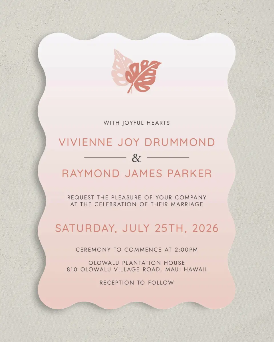 This is a 5" x 7" Wavy Wedding Invitation called Tropical Palms printed in full color on Premium Smooth paper