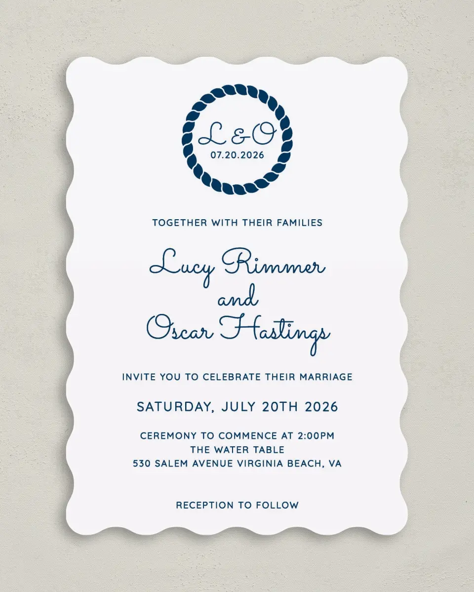 This is a 5" x 7" Wavy Wedding Invitation called Nautical Stripes printed in full color on Premium Smooth paper