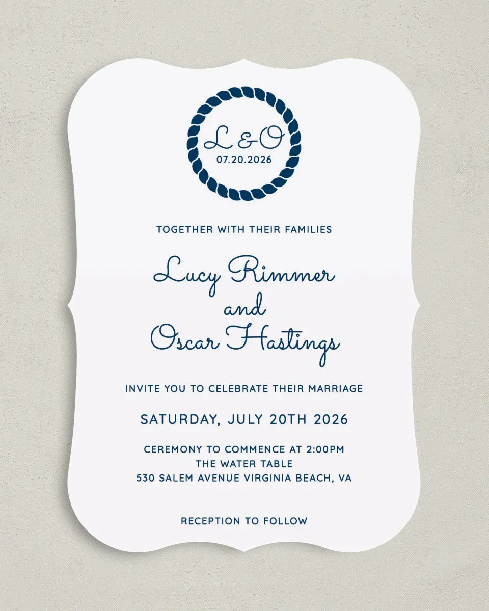 This is a 5" x 7" Bracket Wedding Invitation called Nautical Stripes printed in full color on Premium Smooth paper