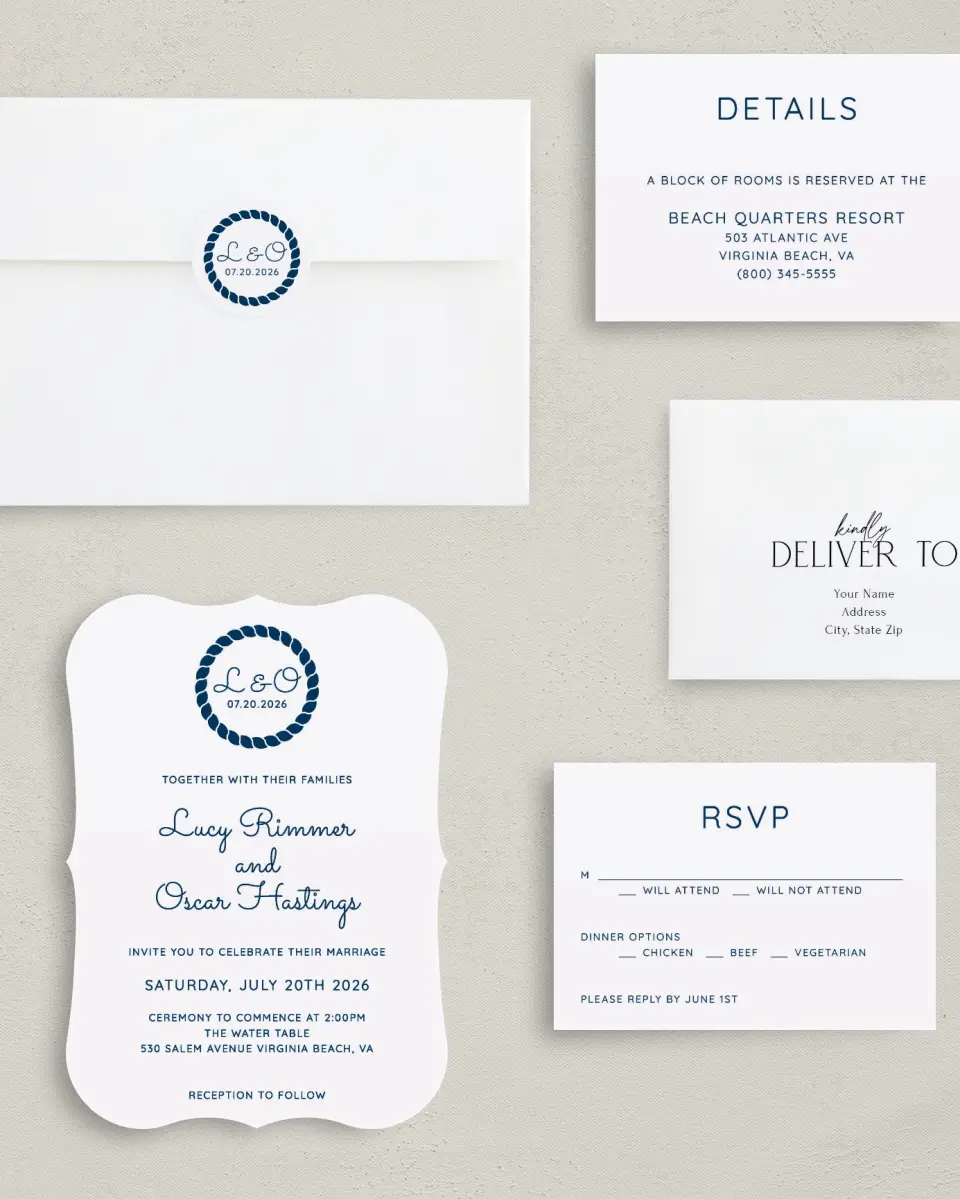 This is a 5" x 7" Bracket Wedding Invitation called Nautical Stripes printed in full color on Premium Smooth paper