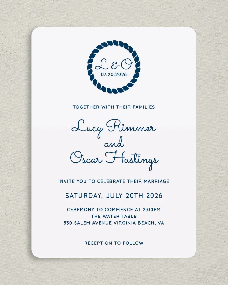 This is a 5" x 7" Rounded Wedding Invitation called Nautical Stripes printed in full color on Premium Smooth paper