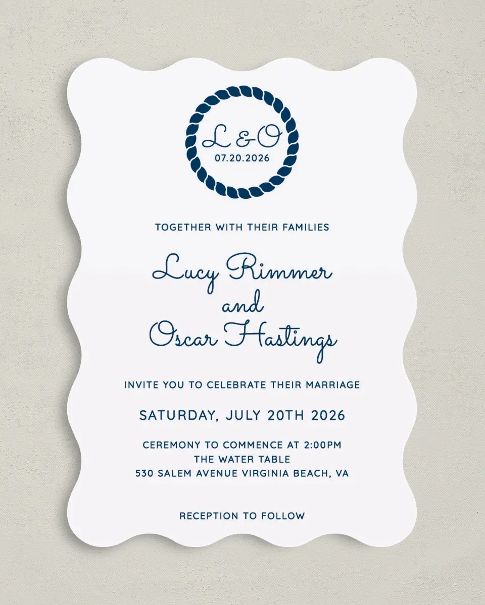 This is a 5" x 7" Wavy Wedding Invitation called Nautical Stripes printed in full color on Premium Smooth paper