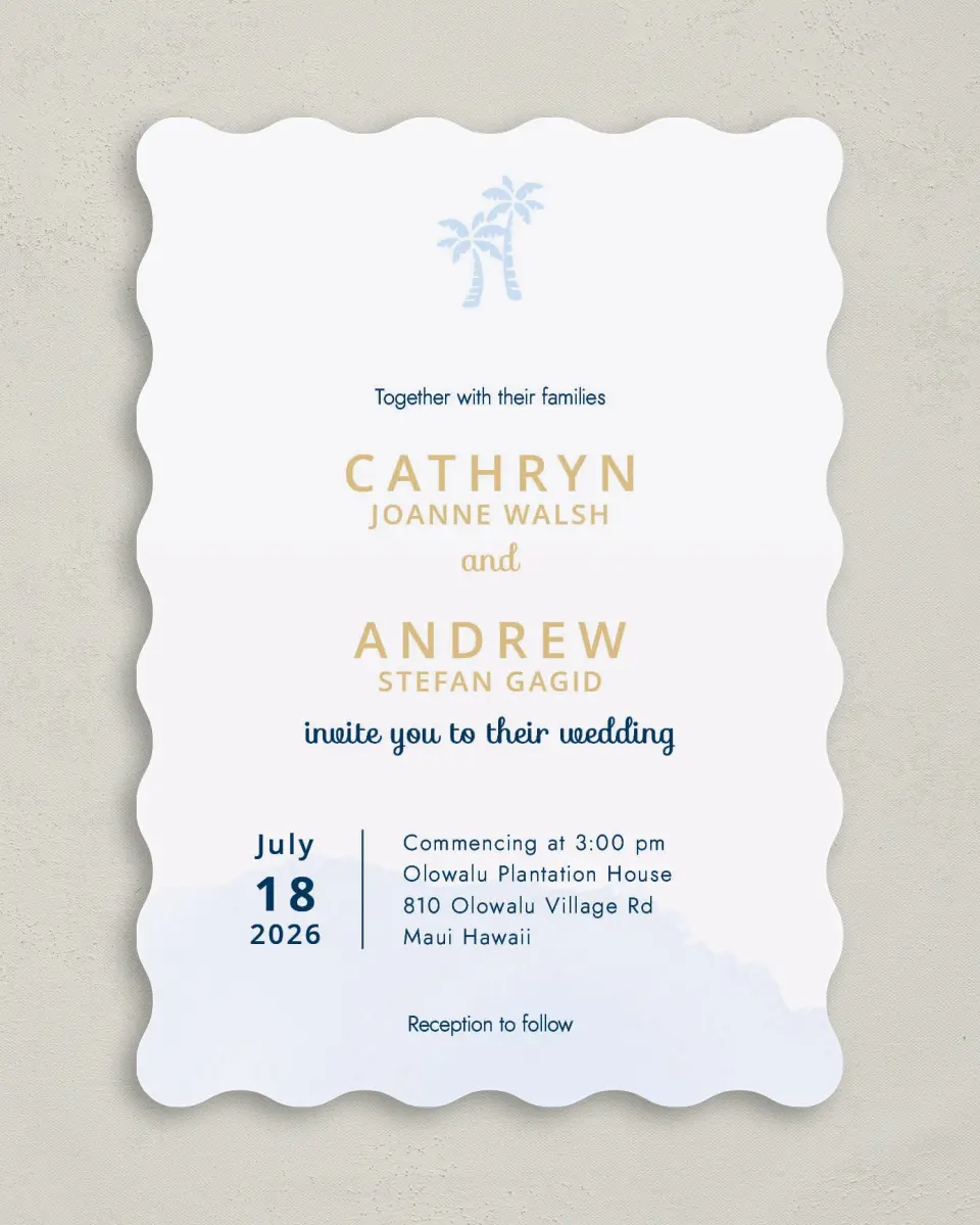 This is a 5" x 7" Wavy Wedding Invitation called Stamped Palms printed in full color on Premium Smooth paper