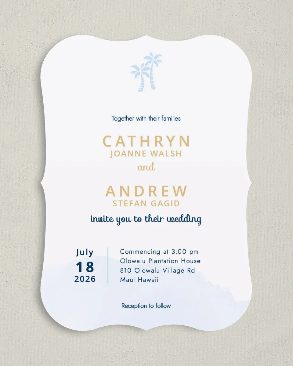 This is a 5" x 7" Bracket Wedding Invitation called Stamped Palms printed in full color on Premium Smooth paper
