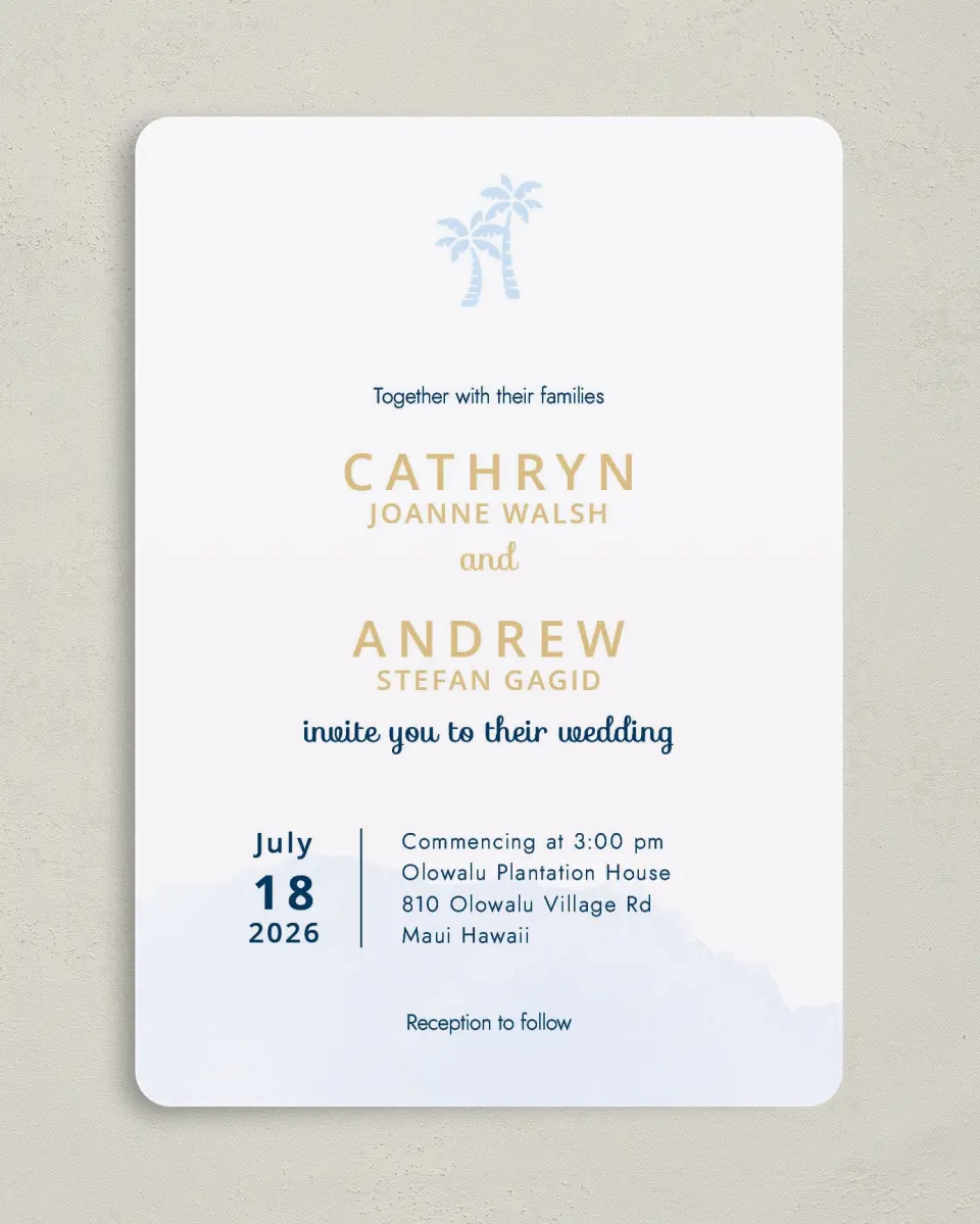 This is a 5" x 7" Rounded Wedding Invitation called Stamped Palms printed in full color on Premium Smooth paper
