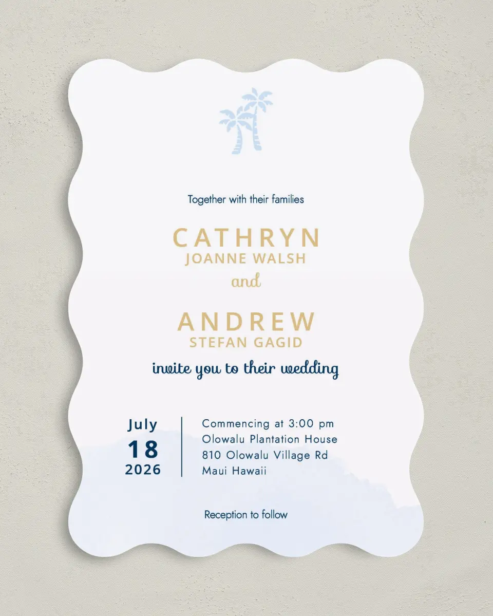 This is a 5" x 7" Wavy Wedding Invitation called Stamped Palms printed in full color on Premium Smooth paper