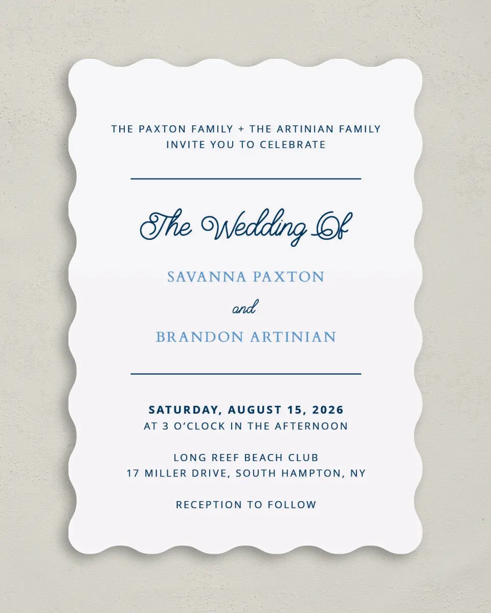 This is a 5" x 7" Wavy Wedding Invitation called Beachcomber printed in full color on Premium Smooth paper