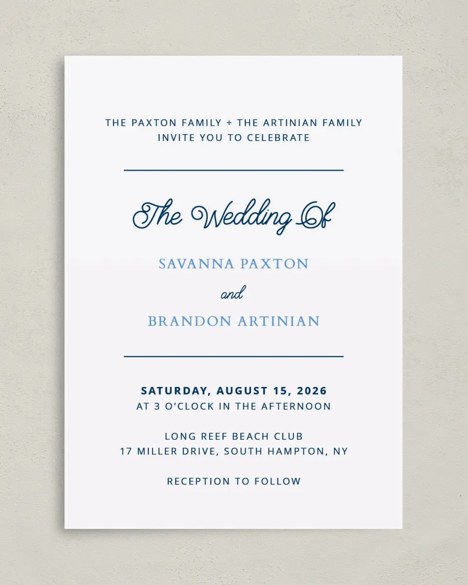 This is a 5" x 7" Classic Wedding Invitation called Beachcomber printed in full color on Premium Smooth paper