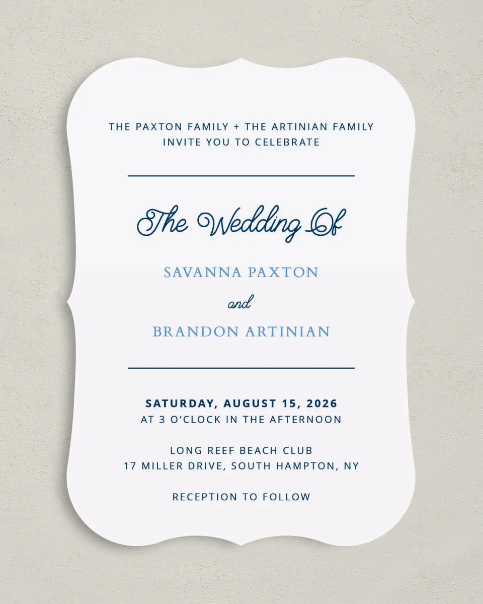 This is a 5" x 7" Bracket Wedding Invitation called Beachcomber printed in full color on Premium Smooth paper