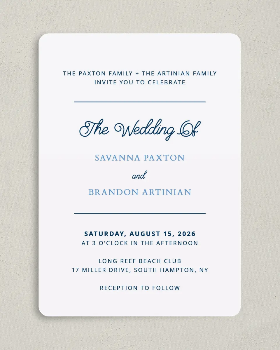 This is a 5" x 7" Rounded Wedding Invitation called Beachcomber printed in full color on Premium Smooth paper