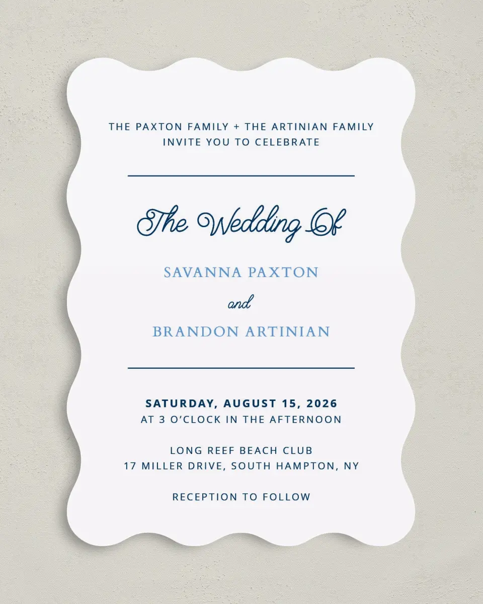 This is a 5" x 7" Wavy Wedding Invitation called Beachcomber printed in full color on Premium Smooth paper