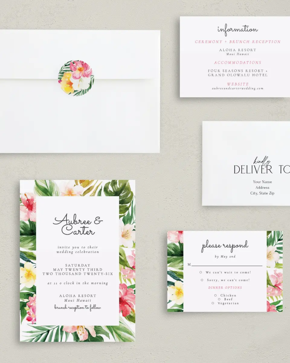 This is a 5" x 7" Classic Wedding Invitation called Paradise of Love printed in full color with Silver foil on Luxe Satin (coated) paper