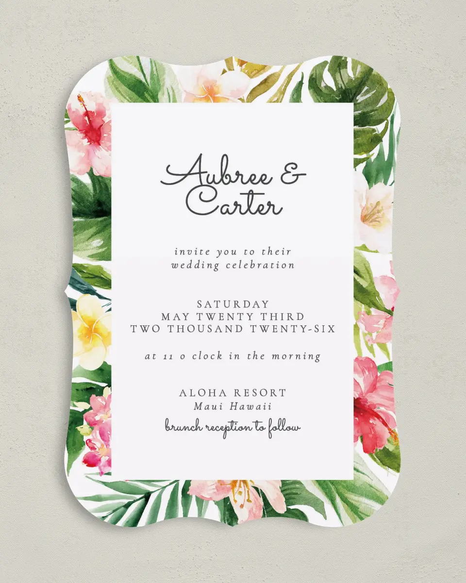 This is a 5" x 7" Bracket Wedding Invitation called Paradise of Love printed in full color on Premium Smooth paper