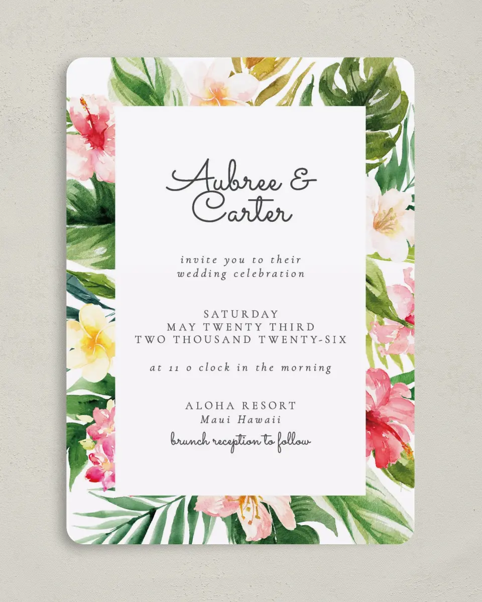 This is a 5" x 7" Rounded Wedding Invitation called Paradise of Love printed in full color on Premium Smooth paper
