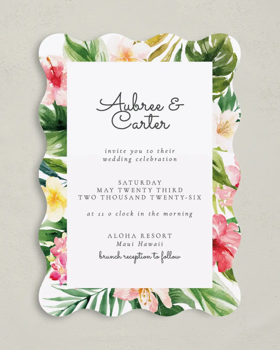 This is a 5" x 7" Wavy Wedding Invitation called Paradise of Love printed in full color on Premium Smooth paper