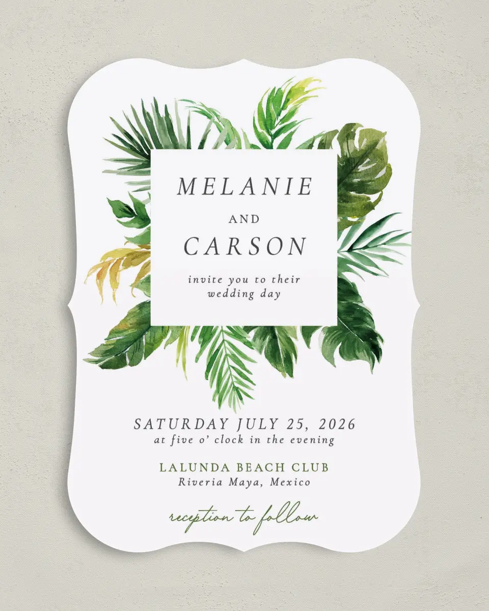 This is a 5" x 7" Bracket Wedding Invitation called Beach Palms printed in full color on Premium Smooth paper