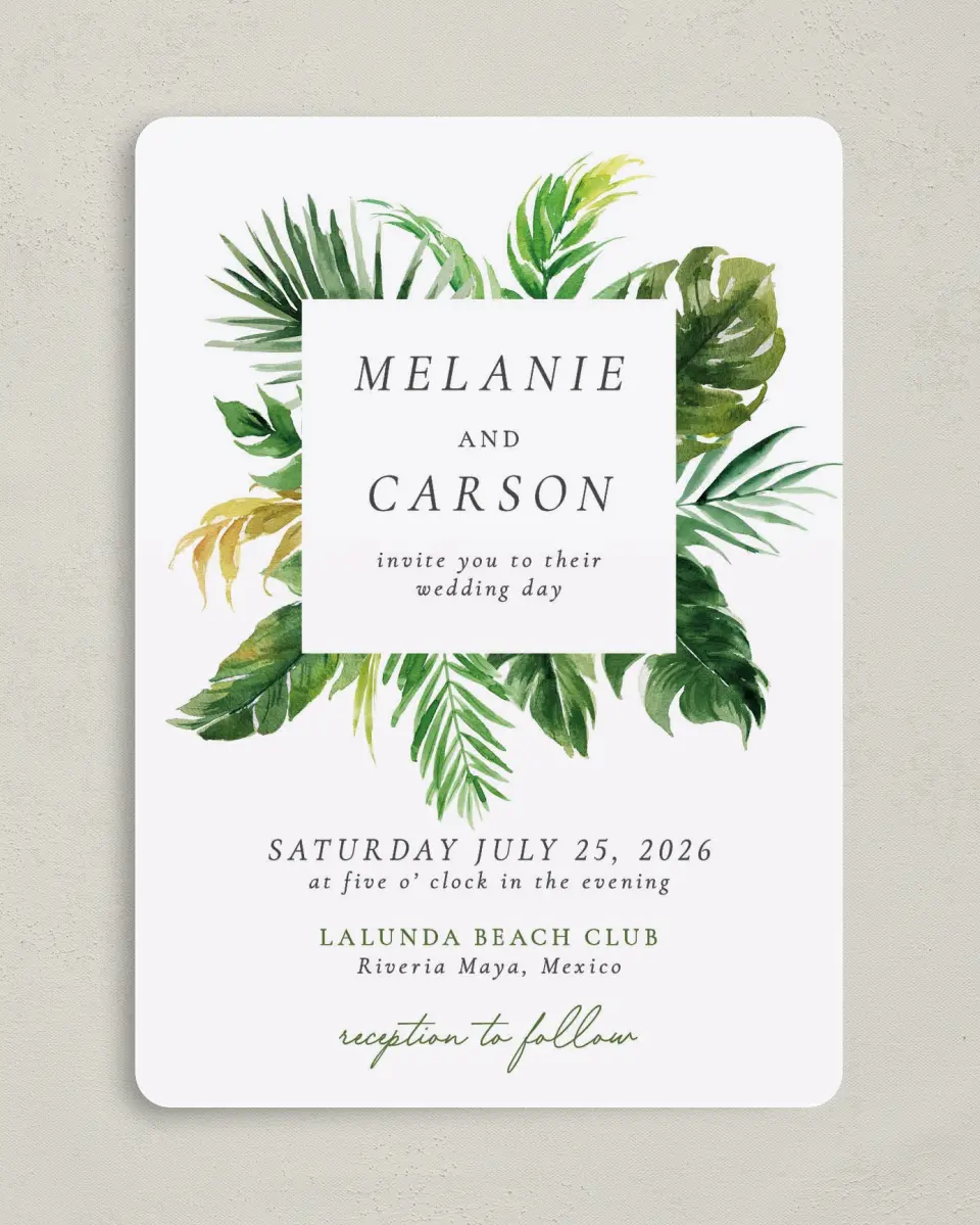 This is a 5" x 7" Rounded Wedding Invitation called Beach Palms printed in full color on Premium Smooth paper
