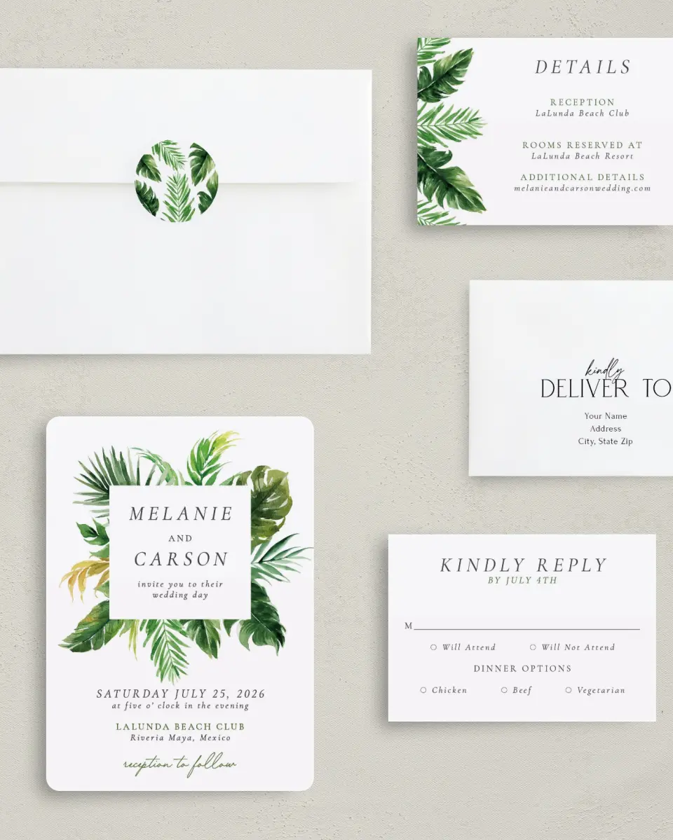 This is a 5" x 7" Rounded Wedding Invitation called Beach Palms printed in full color with Gold foil on Luxe Satin (coated) paper