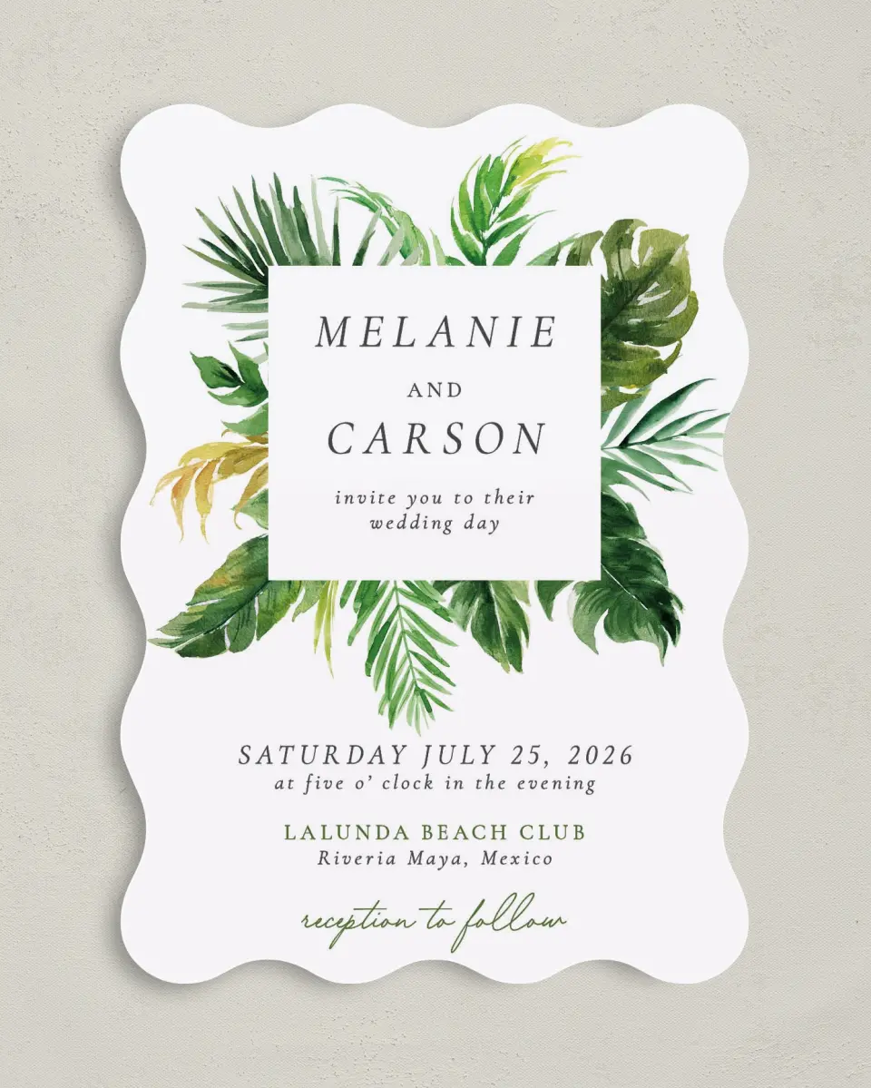 This is a 5" x 7" Wavy Wedding Invitation called Beach Palms printed in full color on Premium Smooth paper