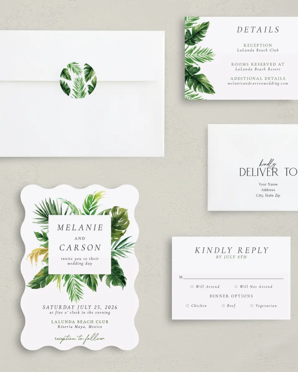This is a 5" x 7" Wavy Wedding Invitation called Beach Palms printed in full color with Silver foil on Luxe Satin (coated) paper
