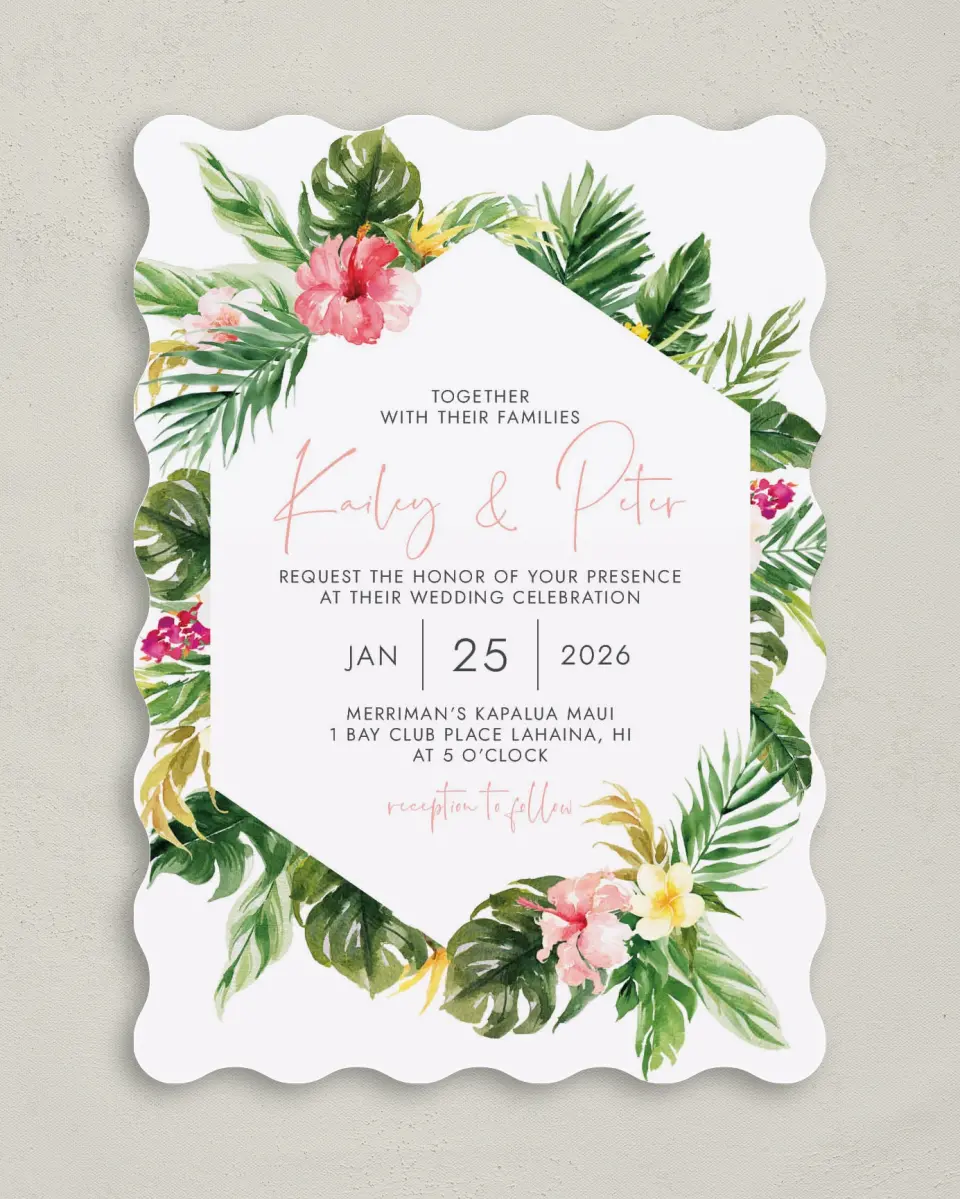 This is a 5" x 7" Wavy Wedding Invitation called Perfect Paradise printed in full color on Premium Smooth paper